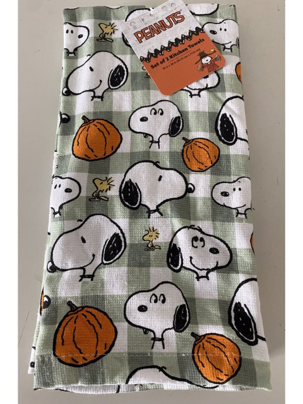 2 Pk Peanuts Snoopy Autumn Fall Pumpkins Checkered Kitchen Towels 18” X 28” NEW